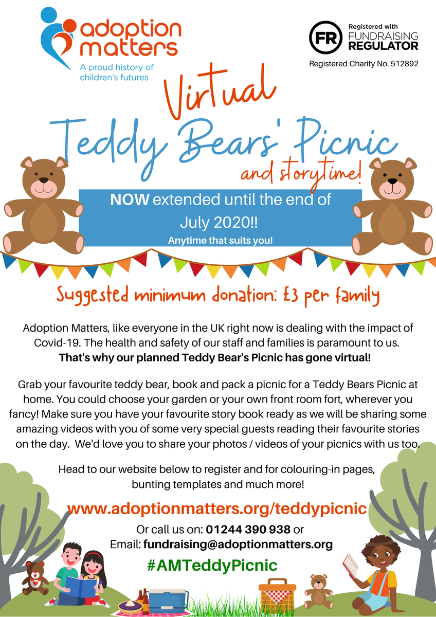 adopt_matters's tweet photo. It isn't too late to participate in our Virtual Teddy Bears' Picnic, we are keeping it running until Friday 31 July! Grab a bear, your favourite book, put together a picnic and join in with the fun: https://t.co/EocFFHMJte #AMTeddyPicnic #BringABear #BringABook #AdoptionMatters https://t.co/NuFKvGt7Fu