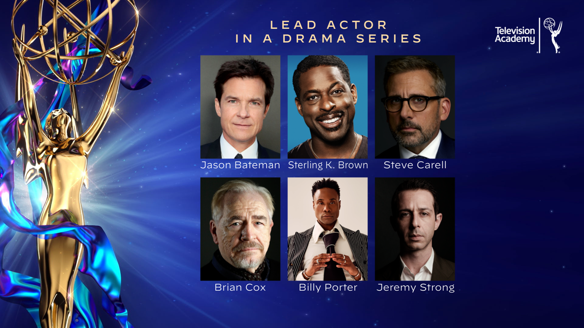TelevisionAcad's tweet photo. The #Emmy nominees for Lead Actor In A Drama Series are:
@batemanJason (#Ozark - @Netflix)
@SterlingKBrown (@NBCThisIsUs)
@SteveCarell (@TheMorningShow)
Brian Cox (#Succession - @HBO)
@theeBillyPorter (@PoseonFX)
Jeremy Strong (#Succession - @HBO)

#Emmys #EmmyNoms https://t.co/kHXXDLAkL2
