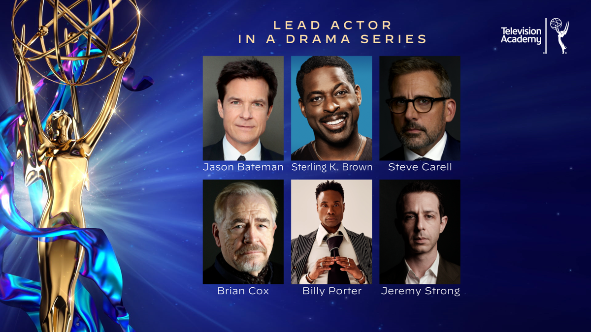 The #Emmy nominees for Lead Actor In A Drama Series are:
@batemanJason (#Ozark - @Netflix)
@SterlingKBrown (@NBCThisIsUs)
@SteveCarell (@TheMorningShow)
Brian Cox (#Succession - @HBO)
@theeBillyPorter (@PoseonFX)
Jeremy Strong (#Succession - @HBO)

#Emmys #EmmyNoms