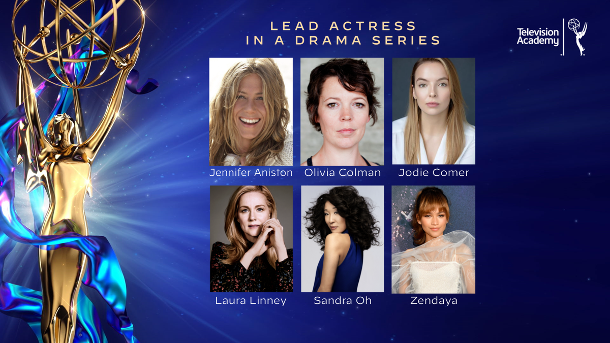 TelevisionAcad's tweet photo. The #Emmy nominees for Lead Actress In A Drama Series are:
Jennifer Aniston (@TheMorningShow)
Olivia Colman (@TheCrownNetflix)
Jodie Comer (@KillingEve)
Laura Linney (#Ozark - @Netflix)
@IamSandraOh (@KillingEve)
@Zendaya (@EuphoriaHBO)

#Emmys #EmmyNoms https://t.co/F1YgjdEU58