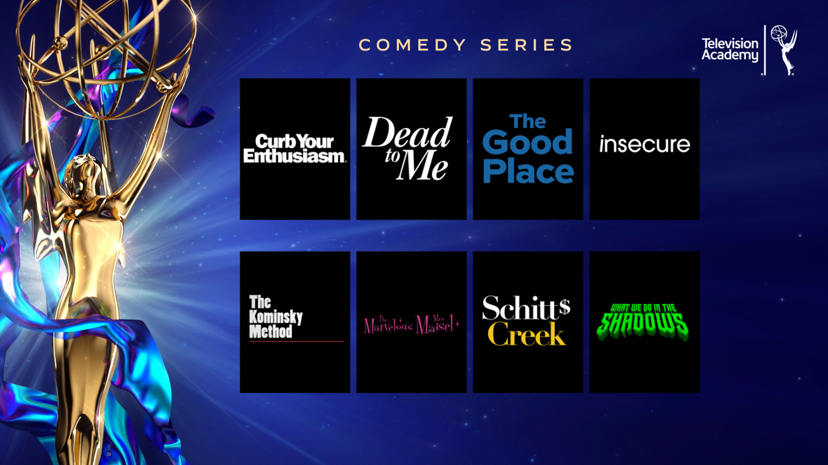 TelevisionAcad's tweet photo. The #Emmy nominees for Comedy Series are: 
Curb Your Enthusiasm (@HBO)
@DeadtoMe
@NBCTheGoodPlace
@InsecureHBO
#TheKominskyMethod (@Netflix)
@MaiselTV
@SchittsCreek
@TheShadowsFX

#Emmys #EmmyNoms https://t.co/x57nru0Jou