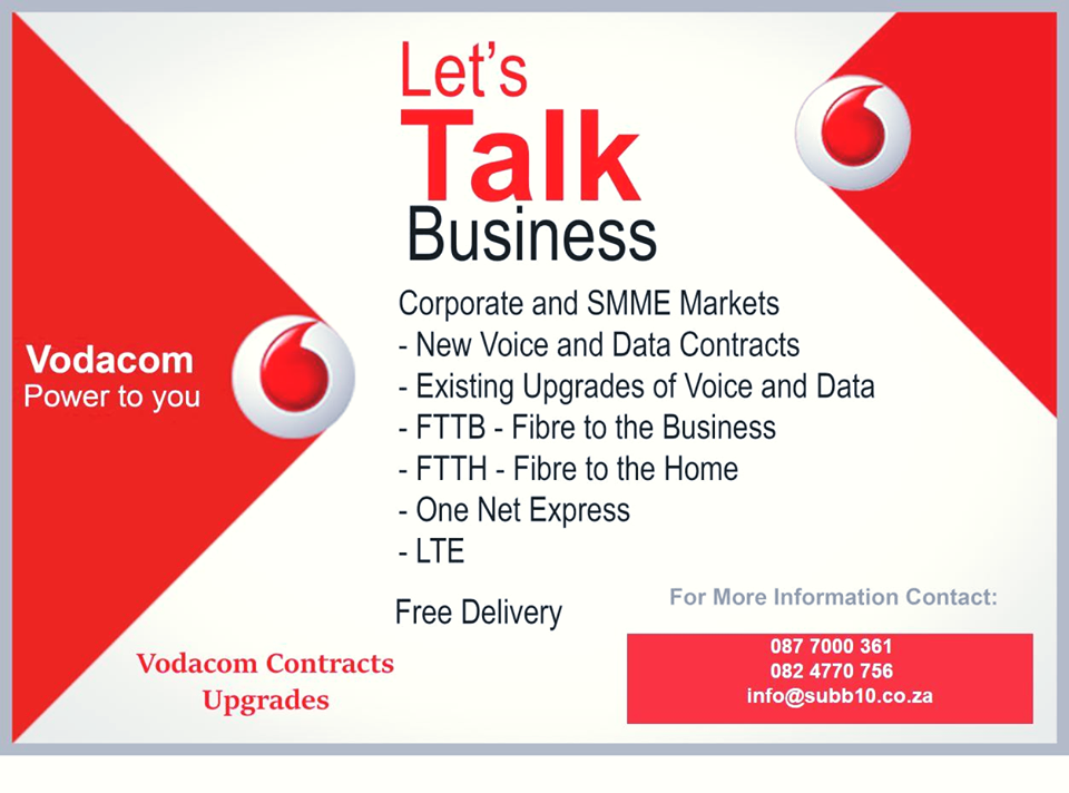 SUBB10tech's tweet photo. Get your business to be its best. Speak to us for a tailor-made solution. Value For Money. Best Network. Free 24/7 Support. Safe &amp; Secure. 

Free SIM &amp; Connection, Delivery &amp; NO Upgrade Fees

Contact us:

T: 0877000361 M: 0829983651 M: 0824770756
sales@subb10.co.za https://t.co/B2caCIjRoS