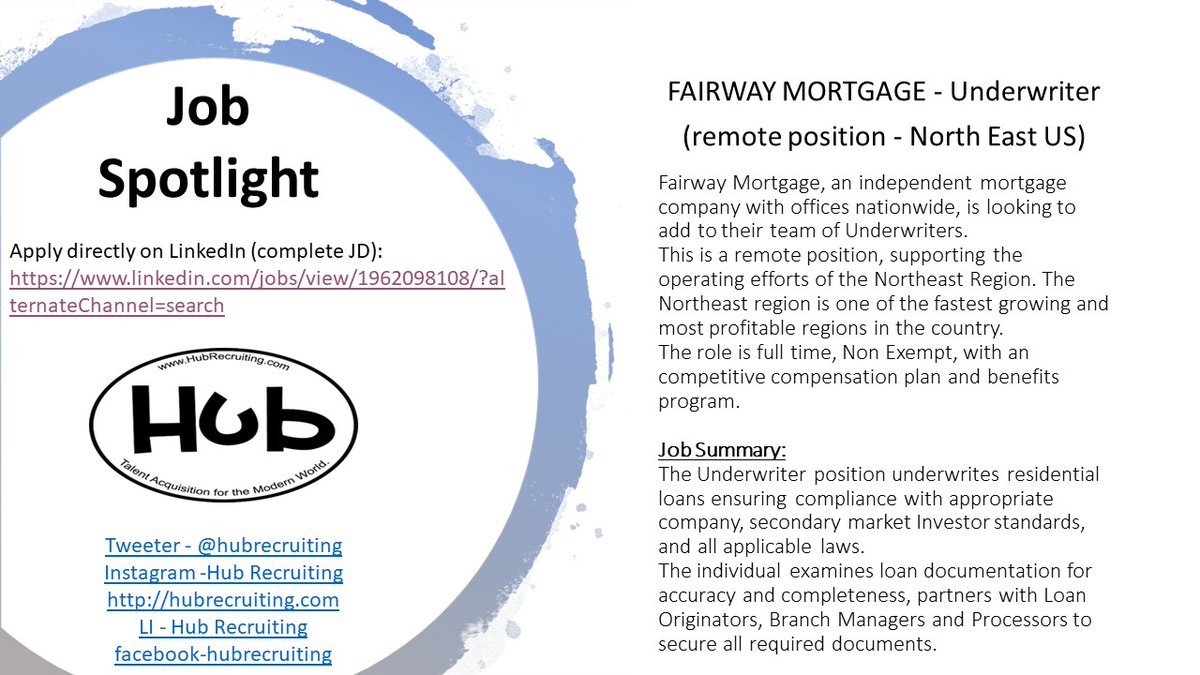 hubrecruiting's tweet photo. Check this amazing role we are working on for Fairway Mortgage!
Apply, refer, share, connect... https://t.co/vrpcqtogcU
