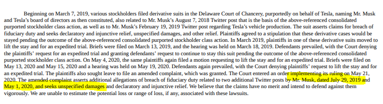 Musk squirms away for now for  $SCTY self-dealing until March 2021 (originally March 2020 )The billions in liability for the $420 fake takeover, however, has been amended to include additional liability for Musk's fraudulent production tweet & "stock price too high" tweet9/