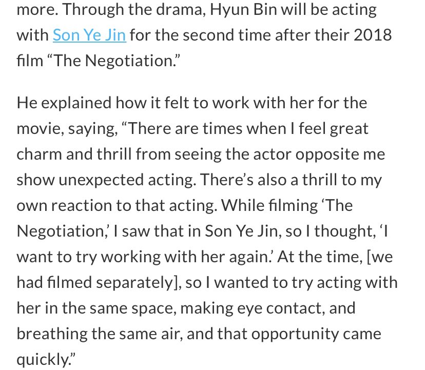 him saying that he after working with yejin on The Negotiation, he wants to work with her again in the same space, making eye contact and breathing the same air