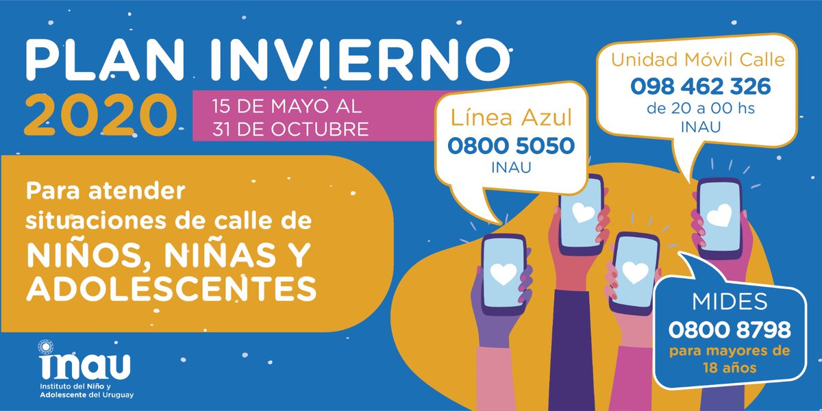 Ante el anuncio de una nueva ola de frío, recordamos las dos líneas de atención del Plan Invierno de #INAU: Línea Azul (0800 5050) y Unidad Móvil Calle (098462326). El número de @midesuy (0800 8798) corresponde a mayores de 18 años 📞 Compartí el mensaje. https://t.co/GQpGADzVIF