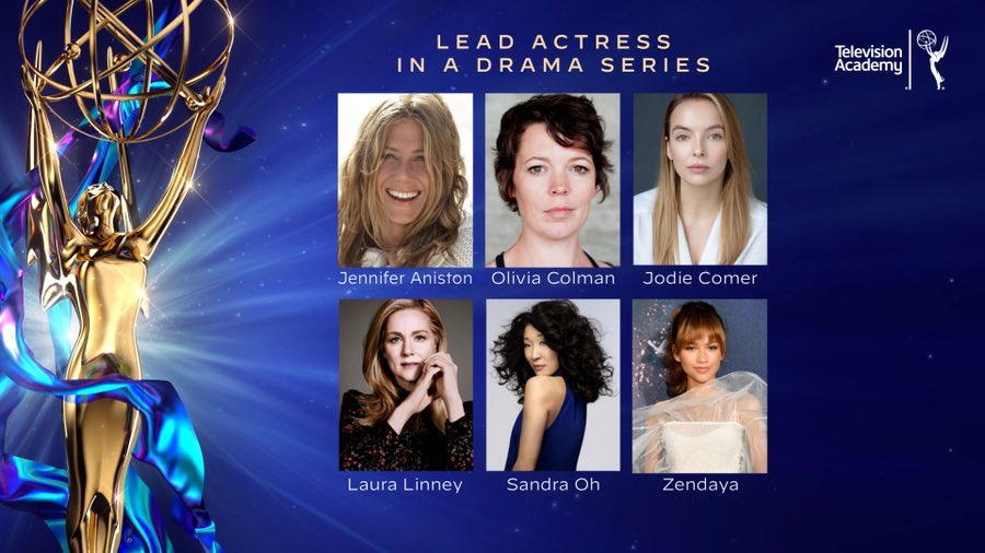 PopCrave's tweet photo. #Emmys2020 nominations for ‘Lead Actress in a Drama Series’:

Jennifer Aniston (“The Morning Show”)
Olivia Colman (“The Crown”)
Jodie Comer (“Killing Eve”)
Laura Linney (“Ozark”)
Sandra Oh (“Killing Eve”)
Zendaya (“Euphoria”) https://t.co/IlPeRS0cKp