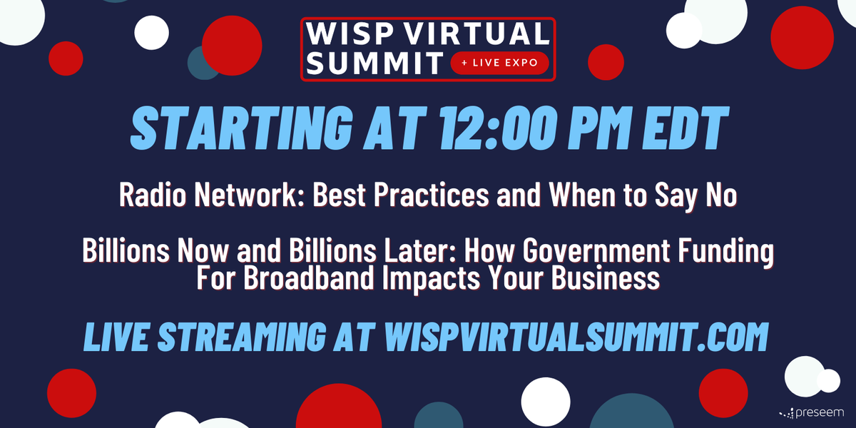preseem's tweet image. Two new sessions are starting: one technical, one business and regulatory-focused! Don&apos;t miss these live presentations and the Q&amp;amp;As that follow! 

Access the WISP Virtual Summit or buy your ticket by going to hubs.ly/H0s-L5c0

#WISPVIRTUALSUMMIT2020 #Preseem #WISPA #WISPs