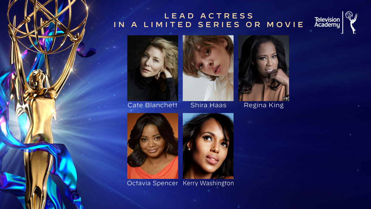 Indicadas a Melhor Atriz em Série Limitada:

Cate Blanchett, Mrs. America
Shira Haas, Unorthodox
Regina King, Watchmen
Octavia Spencer, Self Made
Kerry Washington, Little Fires Everywhere

#emmys #Emmys2020 #emmyawards