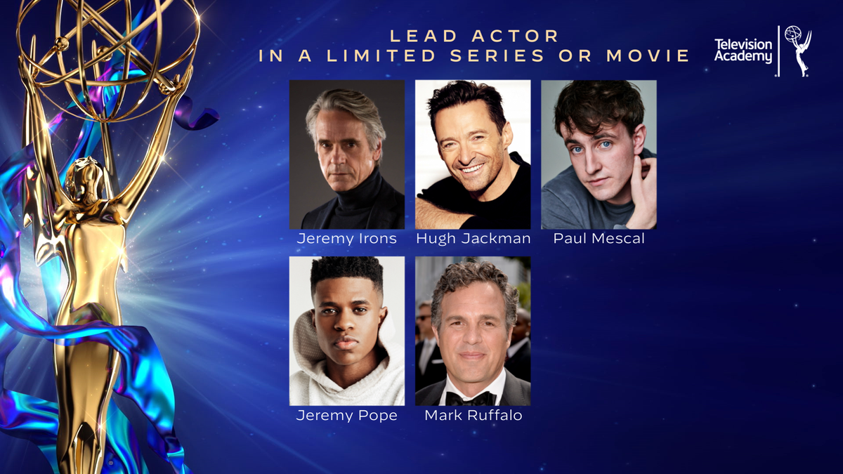 Indicados a Melhor Ator em Série Limitada:

Jeremy Irons, Watchmen
Hugh Jackman, Bad Education
Paul Mescal, Normal People
Jeremy Pope, Hollywood
Mark Ruffalo, I Know This Much Is True

#emmys #Emmys2020 #emmyawards