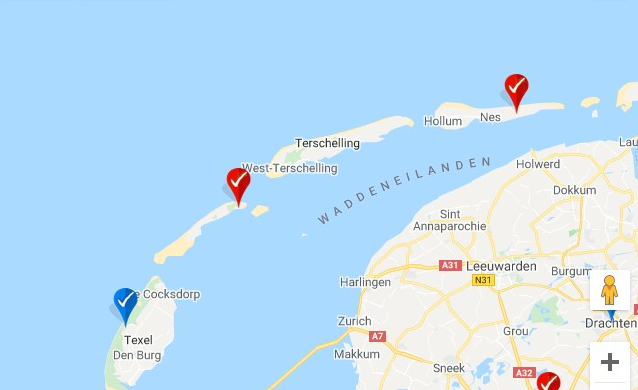 <a href="/wadlekker/">Wad Lekker</a> <a href="/rookvrijegen/">Rookvrije Generatie</a> <a href="/BootTexel/">BootTexel</a> Jullie waren voortrekkers! Inmiddels ook collega's op Vlieland en Ameland!
Dit is onze rookvrije terrassen-kaart van de Wadden:
Rood betekent deels rookvrij terras (afscheiding van rookgedeelte) en blauw betekent volledig rookvrij!