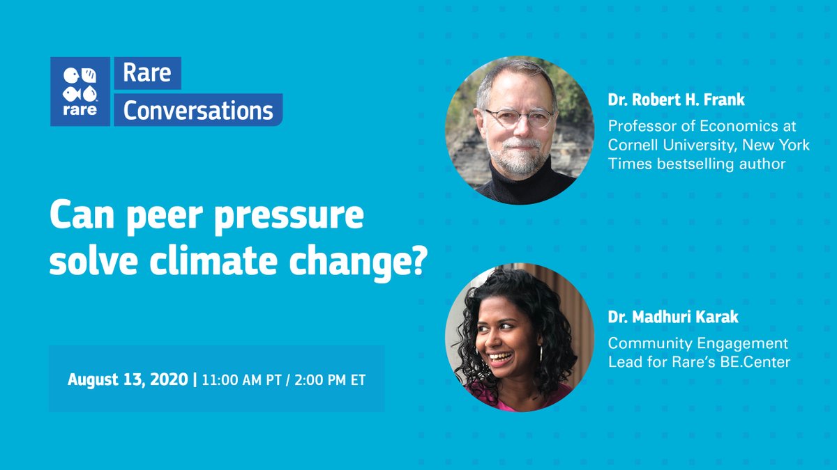 Rare_org's tweet photo. Join us August 13 for a #RareConversation with @Cornell professor and New York Times best-selling author Dr. Robert Frank (@econnaturalist) about the role social forces can play in promoting climate-friendly behavior.
Get info and register (free!) --> https://t.co/HKHN3oIQ7M https://t.co/wAErYrYapr