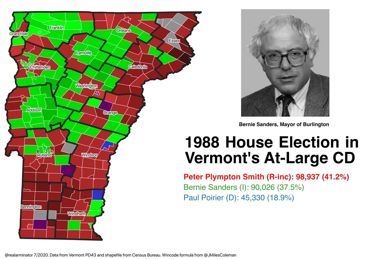 Change was coming. In 1988, Princeton and Harvard-educated Yankee Republican held his House seat against an independent socialist mayor from Burlington (gee, I wonder who that is) and a Dem State Rep. from Barre. After being basically uncontested in '86, Smith was held to 41.