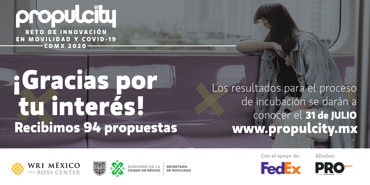 ¡Gracias a todas las personas que registraron sus propuestas!
Estamos muy felices de la respuesta y la disposición por ayudar a encontrar soluciuones en movilidad para la CDMX.
Pronto estaremos anunciando las propuestas seleccionadas.
¡Estén al pendiente!