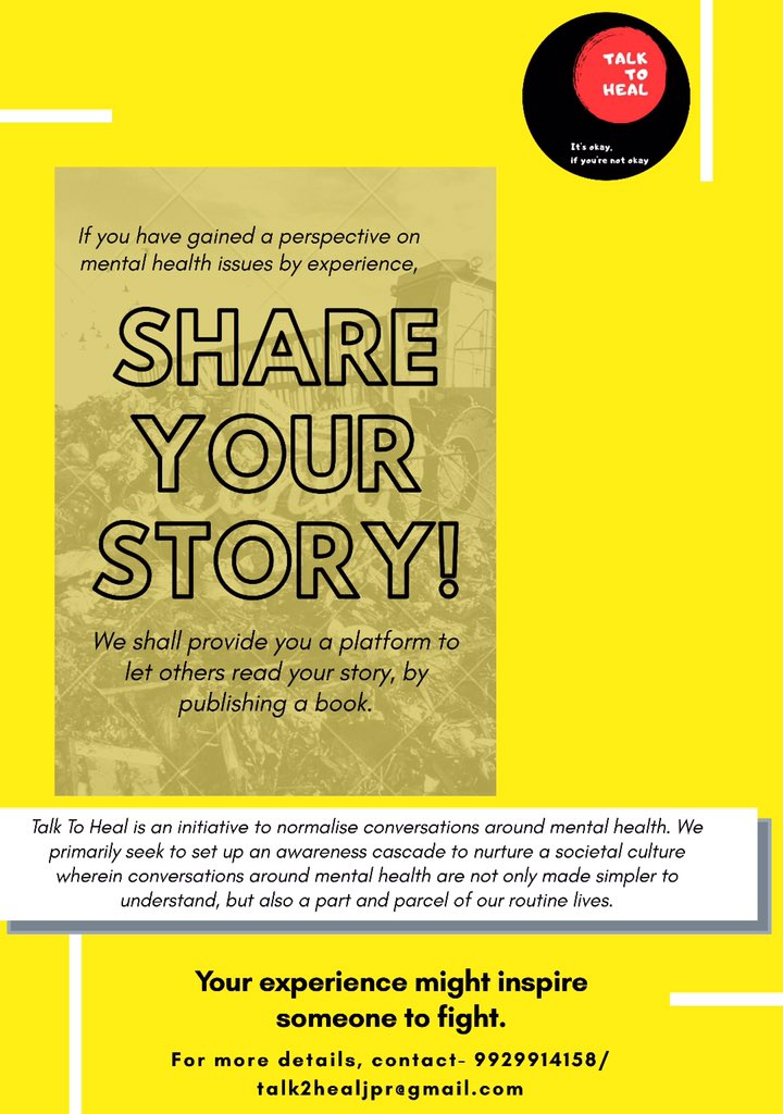 talk2heal's tweet photo. So we are collecting stories!

If you have a “Mental Health Story”, share with us to get a chance to get published in a book. We shall provide you a platform to inspire others with your story.
Let’s make people aware and normalise the conversations around mental health. https://t.co/Hfry4BPkZX