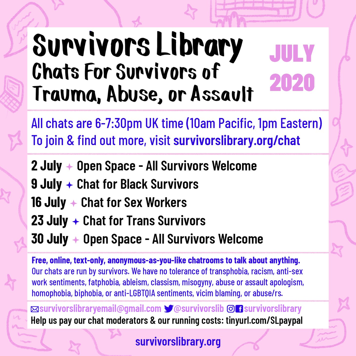 26. Survivors Library -  @survivorslib A collective of survivors of trauma, abuse, & assault building a radical library and providing mutual aid and support.Their online sessions during lockdown have been world-class.PLEASE DONATE GENEROUSLY:  http://tinyurl.com/SLpaypal 
