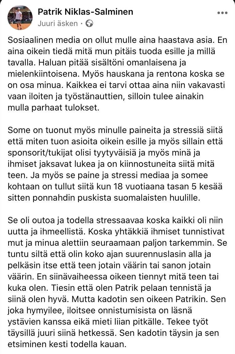 patrikns's tweet photo. Kiitos jos jaksat tän lukea, tuntuu et tää mun on saatava sanottua - asiaa somesta ja mediasta. 🙌 #tennisfi https://t.co/jbAAoXRJEm