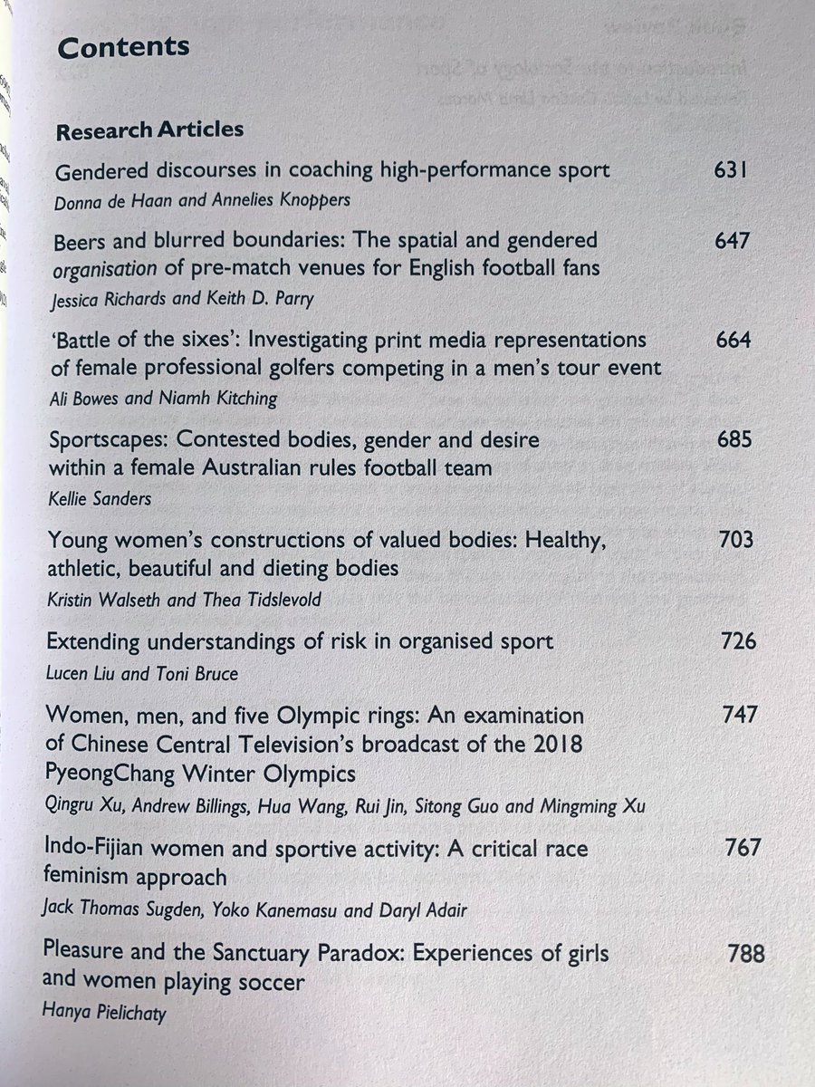 Always a good day when you get the print version of a paper! @NiamhKitching and I are in good company in this gender specific issue of IRSS. Thanks to @sportsociologis and the editorial team. #research #sociologyofsport