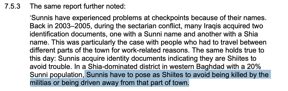 This report from the British Home Office details the serious threat Sunni Arabs in Iraq face, citing findings from multiple human rights organisations.  https://assets.publishing.service.gov.uk/government/uploads/system/uploads/attachment_data/file/623848/Iraq_-_Sunni__Arabs__-_CPIN_-_v2_0__June_2017_.pdf