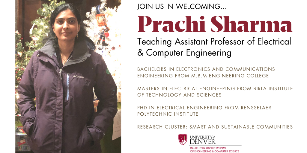 RitchieSchool's tweet photo. We are excited to announce that Dr. Prachi Sharma will be joining us this Fall as a Teaching Assistant Professor of Electrical &amp; Computer Engineering. Welcome to the Ritchie School! #forwardfaster #DUfaculty #RitchieSchoolFaculty #newfaculty https://t.co/vcJiTml5N7