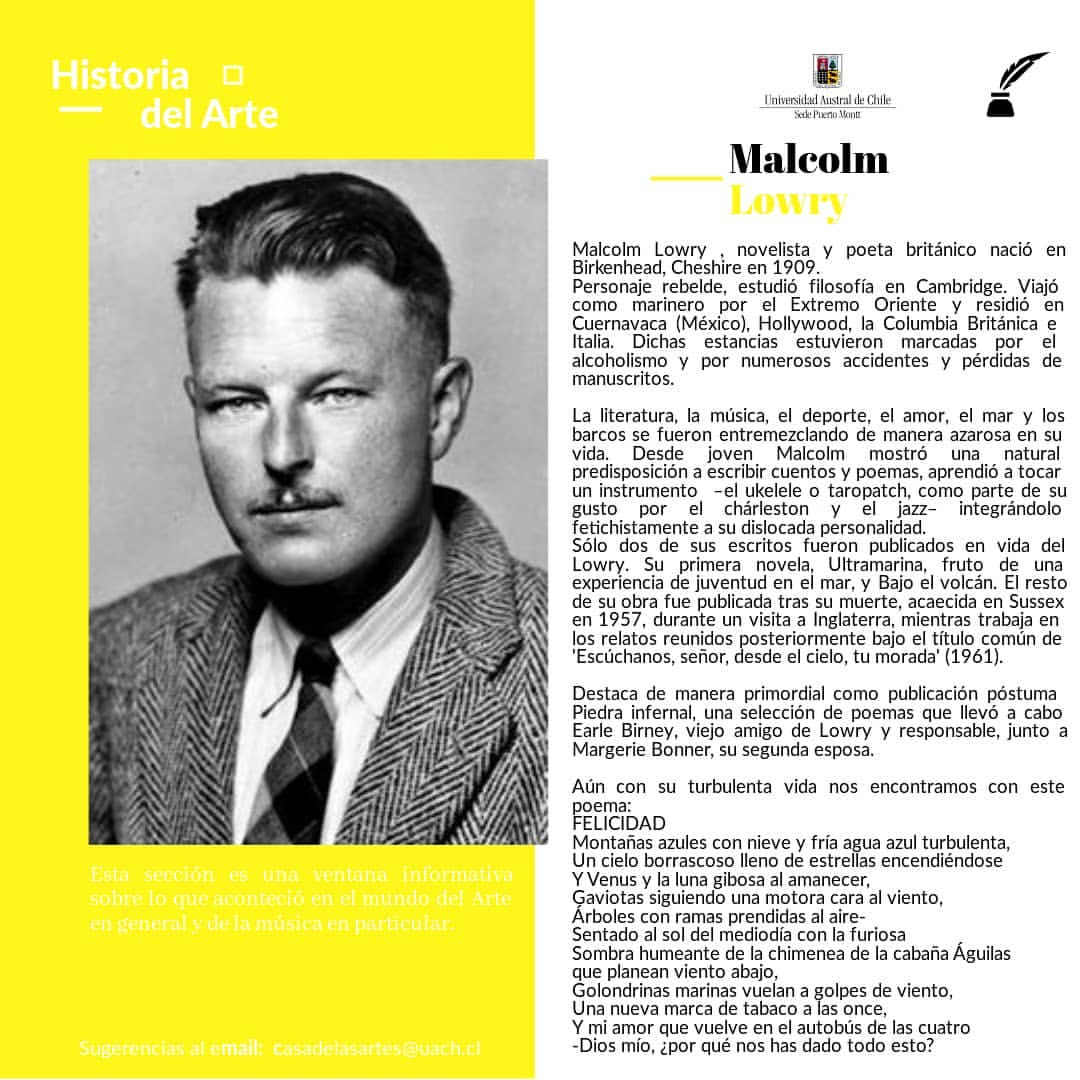 casartes_uach's tweet photo. Desde la Casa de las Artes UACh-Sede Puerto Montt, nuestra sección Historia del Arte..Sabías que un día como hoy...
#Efemerides 
#malcomlowry
#escritor
#novela 
#piedrainfernal
#writerman
#lowry
#novels 
#poetry https://t.co/ZIYd2E8TQc