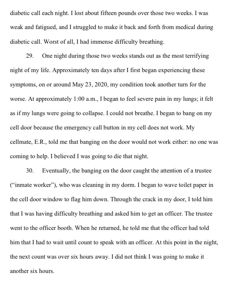 “One night during those 2 weeks stands out as the most terrifying night of my life...I couldn’t breathe. I began to bang on my cell door because the emergency call button in my cell does not work...I believed I was going to die that night.”