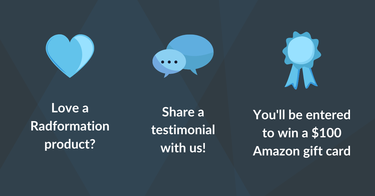 Radformation's tweet photo. Want to win a $100 Amazon gift card? Share a testimonial with us! We want to hear from our users on how our tools are bringing increased quality and time savings to their clinics. We'll be picking a winner at random. https://t.co/GNhDWjsWlD @aapmHQ @VarianMedSys #medphys #radonc https://t.co/xQZVuNqH0Q