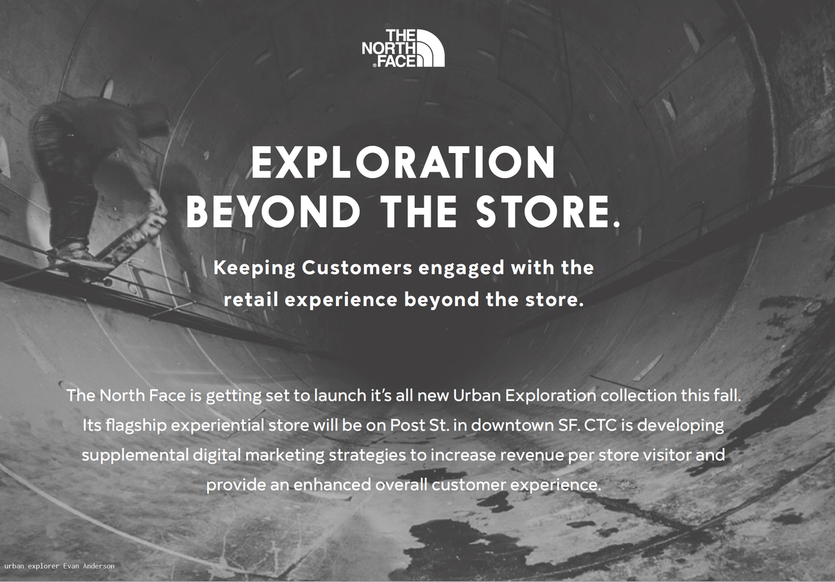 2/ TNF was launching a new line called "Urban Exploration" with a flagship store in SF. We got a chance to pitch them on a concept to expand the customer experience beyond the store. (A few select slides from our pitch)