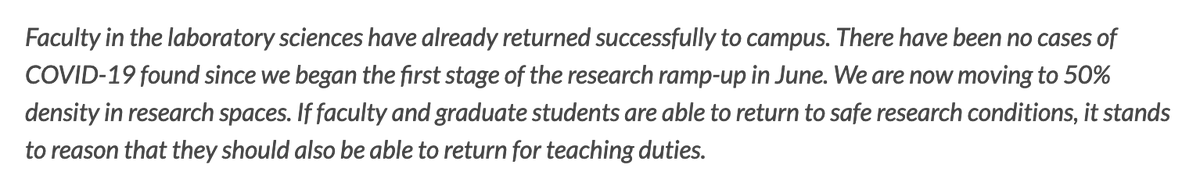It also "stands to reason" that to equate individual laboratory research -- currently staggered, @ minimal capacity, with 1 person allowed in a room at a time -- to in-person in-classroom multiple-students undergraduate teaching, is ridiculous and condescending 9/