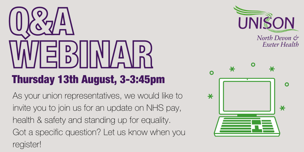 NDEUNISON's tweet photo. Come join our webinar next Thursday the 13th of August at 3pm! Register your place &amp; submit your question today https://t.co/E5yoPCZJDI We look forward to seeing you then!

#UNISON #Webinar #NHS #Pay #healthandsafety #equality #devon #tradeunion https://t.co/ZWZqdDIKPl