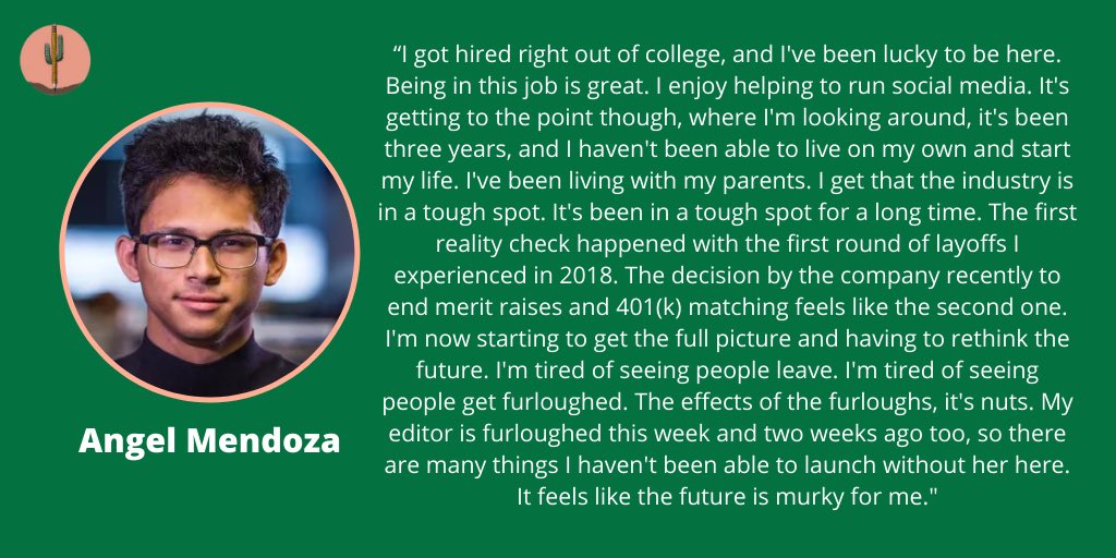 “I’m now starting to get the full picture and having to rethink the future. I’m tired of seeing people leave. I’m tired of seeing people get furloughed. ... It feels like the future is murky for me.” - @angelmendoza___