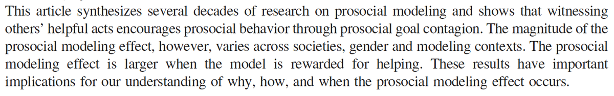 A new meta-analysis including more than 25,000 participants finds that witnessing prosocial acts consistently inspires others to act kindly themselves.  

Another reason to highlight / elevate the behaviors we want to become contagious...

psycnet.apa.org/record/2020-31…