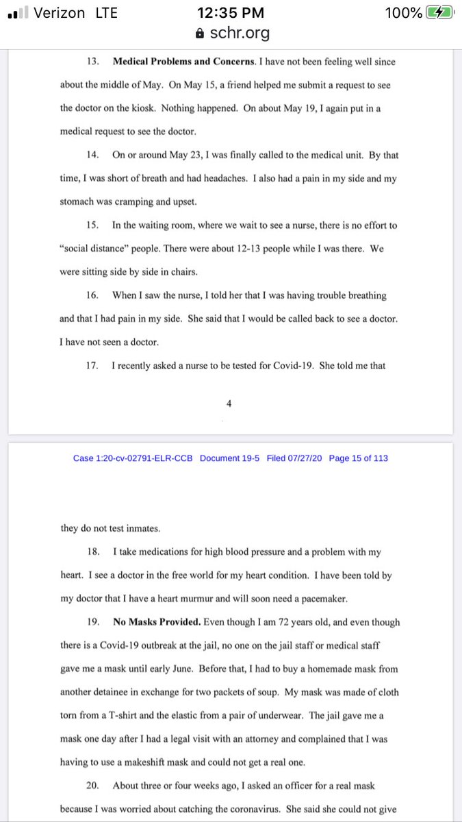 Here is a declaration from another plaintiff, who is 72 years old. When he experienced COVID-19 symptoms and went to the medical unit, he sat side by side near 12-13 others. He had to barter soup packets in exchange for a “mask” made of underwear.