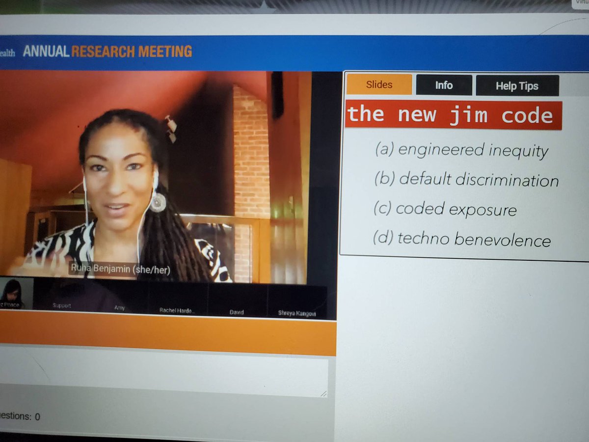 DrSimpsonHSR's tweet image. Innovation that enables containment..the #newjimcode. Quotes Ziad Obermeyer study last year. #NewJimCode
1. Engineered inequity
2. Default discrimination
3. Coded exposure
4. Techno benevolence
Hum. Lots to think about. 
#ARM20