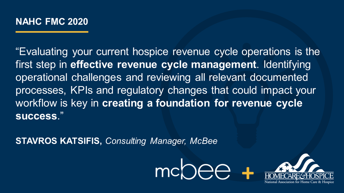 McBeeassociates's tweet photo. HAPPENING NOW: McBee Consulting Manager Stavros Katsifis discusses best #RevenueCycleManagement practices and shares insight on creating a foundation for #hospice #RevenueCycle success at the @OfficialNAHC #NAHCFMC20. https://t.co/kXcd600vT0
