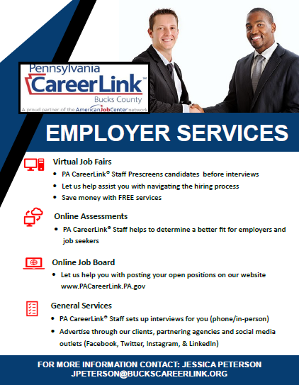 PACareerlinkBC's tweet image. Employer services are still being offered with the PA CareerLink® Bucks County business service team.   Please see the attached flyer and contact: Jessica Peterson for more information or to take advantage of these services!
#TuesdayMorning #TuesdayThoughts