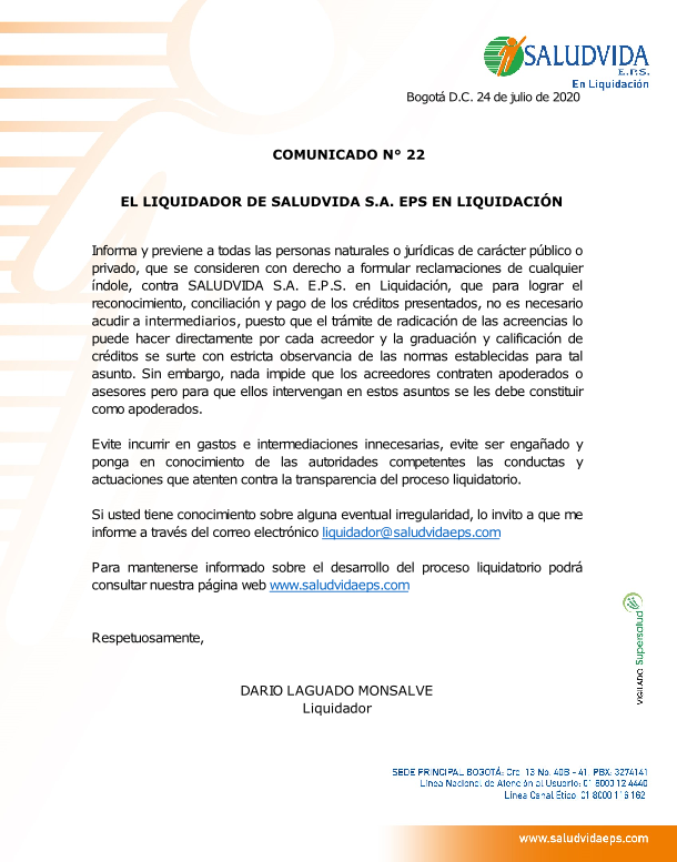 SaludVidaEPS's tweet photo. SaludVida EPS en Liquidación informa a los interesados en presentar reclamaciones, que para dicha gestión no se precisan intermediarios; puede ser realizada de manera directa. @CaracolRadio @rcnradio @El_Pilon @ElNuevoSiglo @CMILANOTICIA @NoticiasUno @ElUniversalCtg https://t.co/LGBjSOxnt1