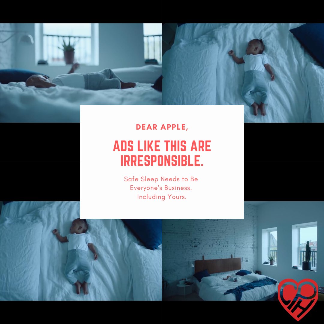 Charlies_Kids's tweet photo. @Apple your new ad is irresponsible, but we are here to help you do better.

Baby Idan is in an unsafe sleep environment - an adult bed is dangerous for babies.

Pls r/t @CribsForKids @AmerAcadPeds @DrToddWo @MichaelGoodste2 @NICHD_NIH @NICHQ @First_Candle @FirstYearCLE https://t.co/ENQVxQwFm8