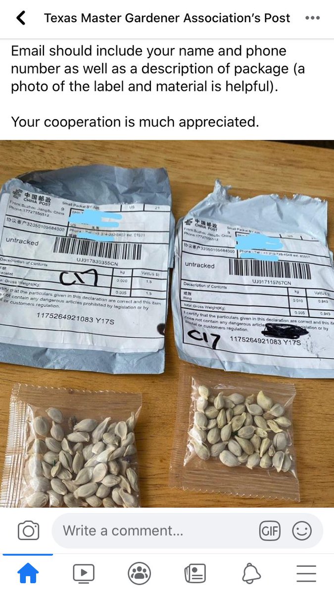 KPRC2Tulsi's tweet photo. Apparently people are getting seeds in the mail from foreign countries. Have you heard of this happening. See what the Texas Master Gardner Association is advising members ����🏽 https://t.co/z73JQ4F933