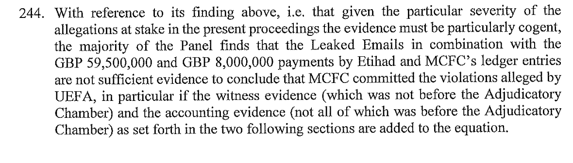 This effectively meant that UEFA didn't meet the standard of proof, as heightened by the severity of the allegations