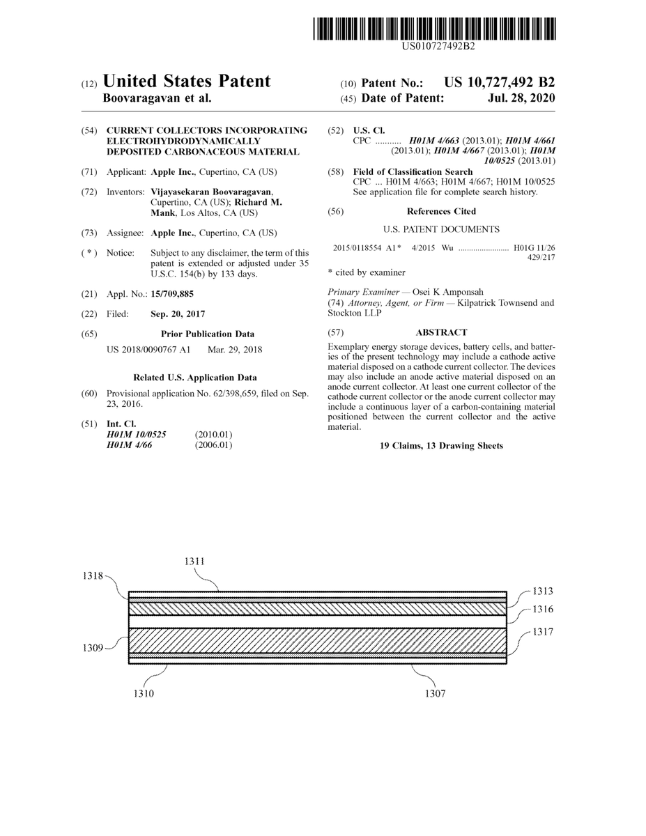 $AAPL #patent 10,727,492 Current collectors incorporating electrohydrodynamically deposited carbonaceous material #tech #IP #research trea.com/doc/10727492
