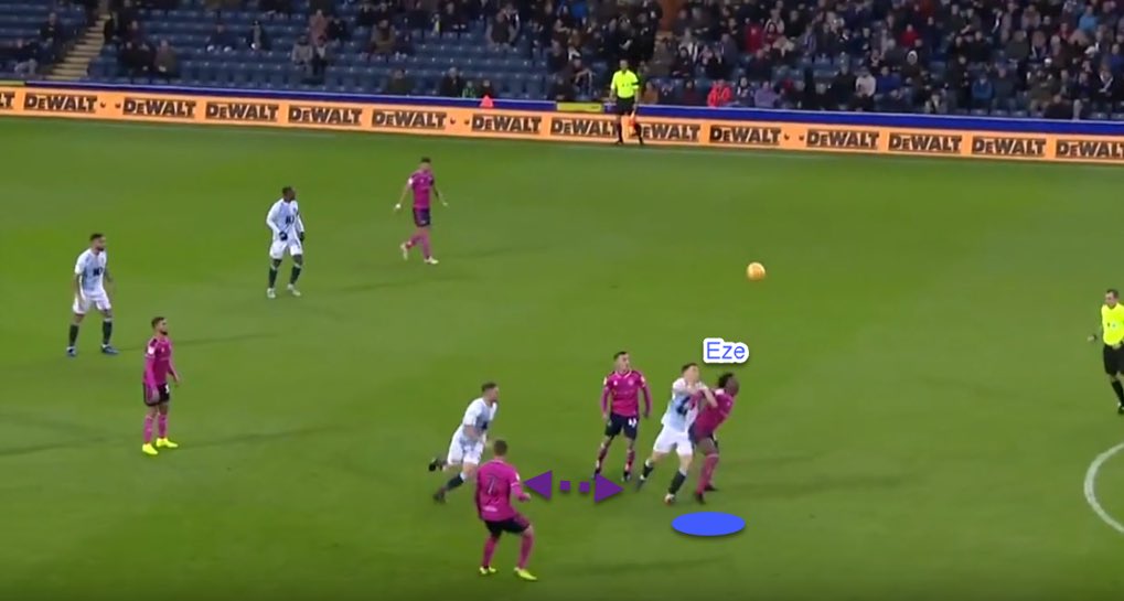 Another example shown here. His ability to get out of tight situations is remarkable, using his body well to create more space and get past opponents. - Two Blackburn players box off the space - Eze uses his body to protect the ball- Beats both players