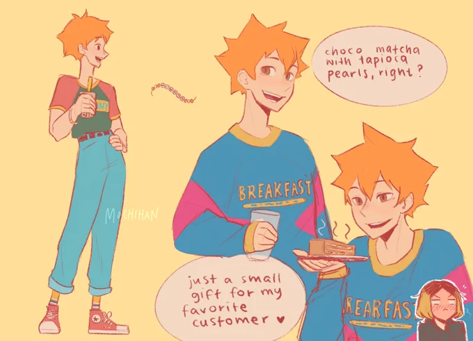 hinata for this bubble tea shop au feat a very flustered kenma
(the bubble tea shop is 80s themed) https://t.co/C8u7fk6p3U 