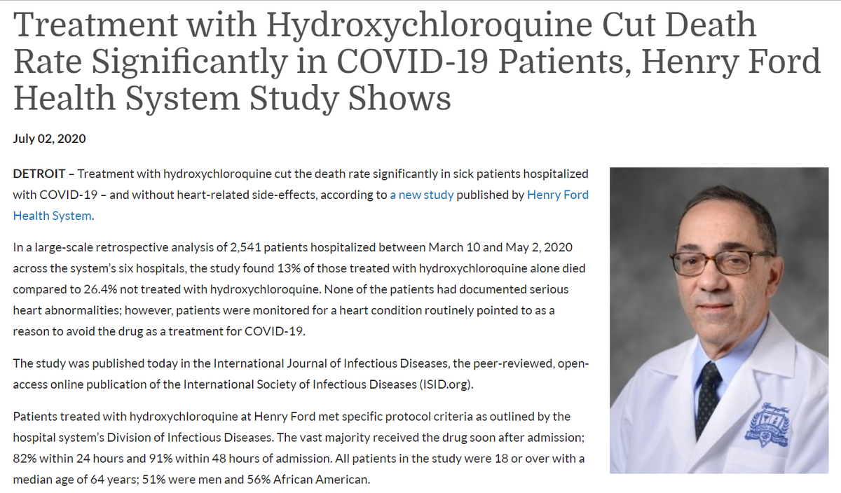 I'll just leave this right here for all of the LIARS in the #Media today claiming there is NO SCIENTIFIC EVIDENCE #Hydroxychloroquine effectively treats COVID-19. henryford.com/news/2020/07/h…