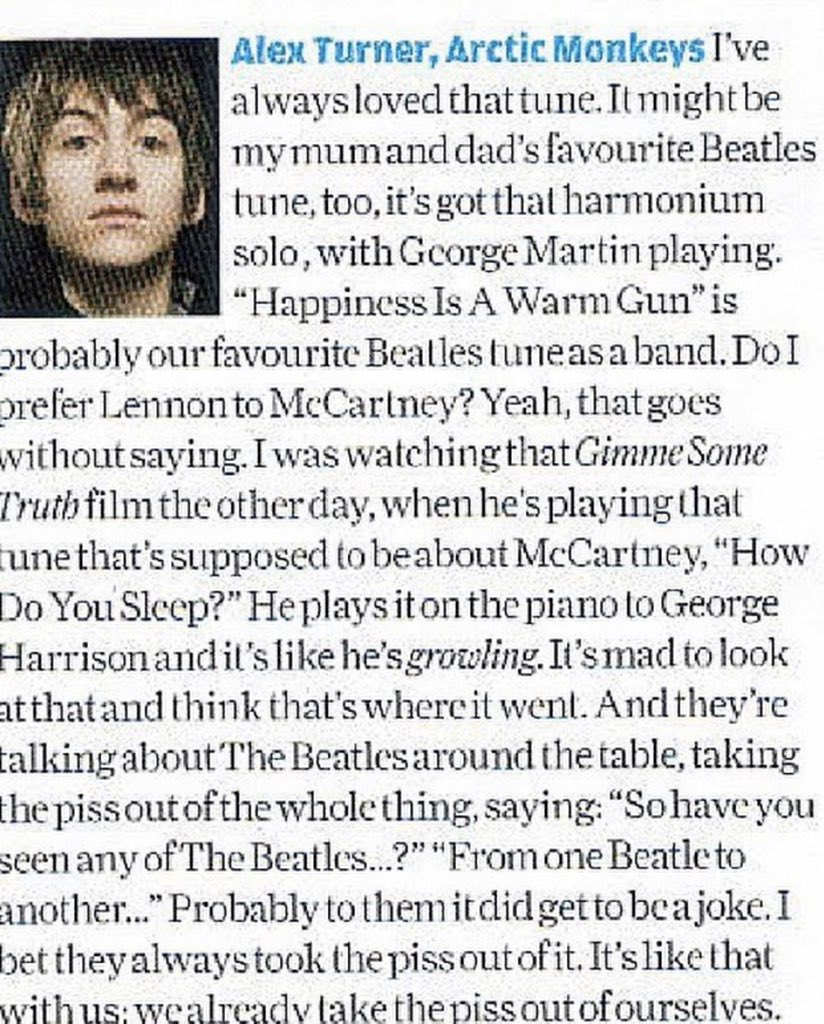 i don’t know when this is from, but alex talking about the beatles in general. at the beginning he’s talking about “in my life” which he should definitely make a cover of!!! also he has taste :)