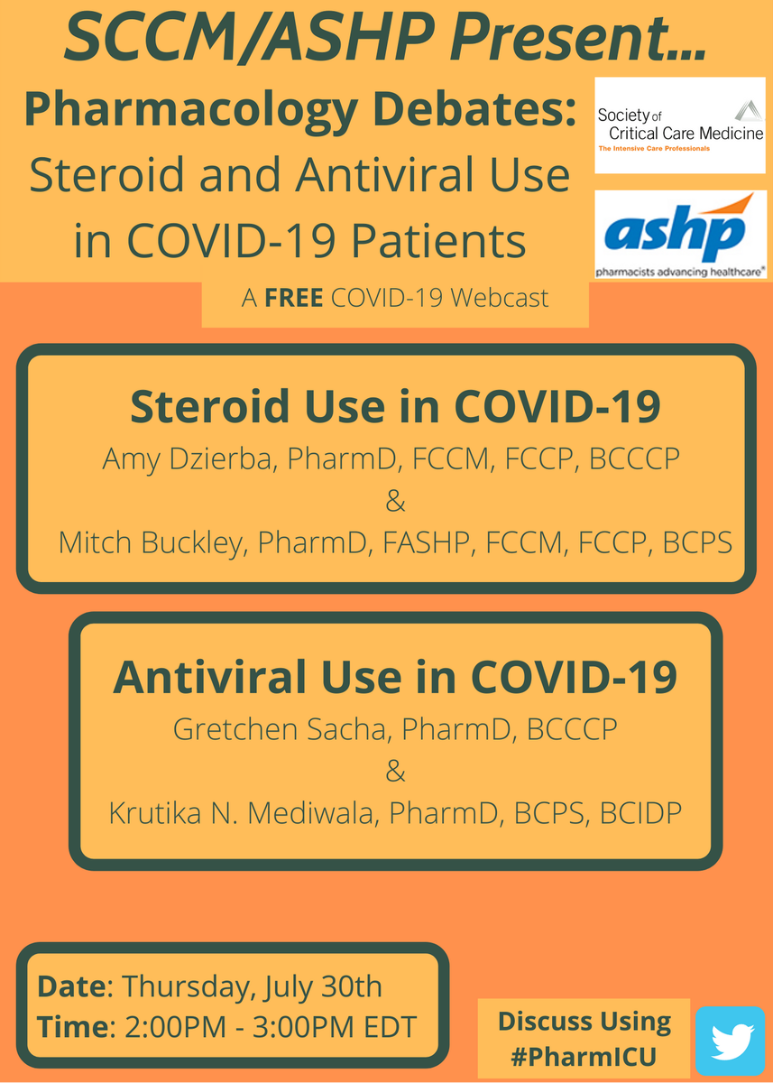 📢📢📢📢

MARK. YOUR. CALENDARS for this THURSDAY 07/30 @ 2PM-3PM EDT
 
<a href="/ASHPOfficial/">ASHP</a> and <a href="/SCCM/">SCCM</a> with their second series of therapeutic debates on the topics of steroids and anti-virals for COVID-19.
 
Register here: bit.ly/SCCM_ASHP
Discuss and follow LIVE using #PharmICU