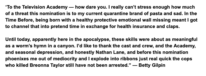 #Glow star Betty Gilpin reacts to her Best Supporting Actress in a Comedy Emmy nomination: "I really can’t stress enough how much of a threat this nomination is to my current quarantine brand of pasta and sad."