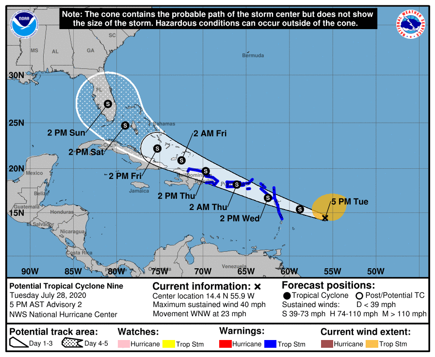 NWS's tweet photo. Potential Tropical Cyclone Nine is expected to become a Tropical Storm tonight prior to reaching the Leeward Islands. Tropical Storm Warnings are in effect for Puerto Rico and the USVI, with heavy rain and tropical-storm-force winds forecast to arrive Wednesday night. https://t.co/73MQSWAFhy