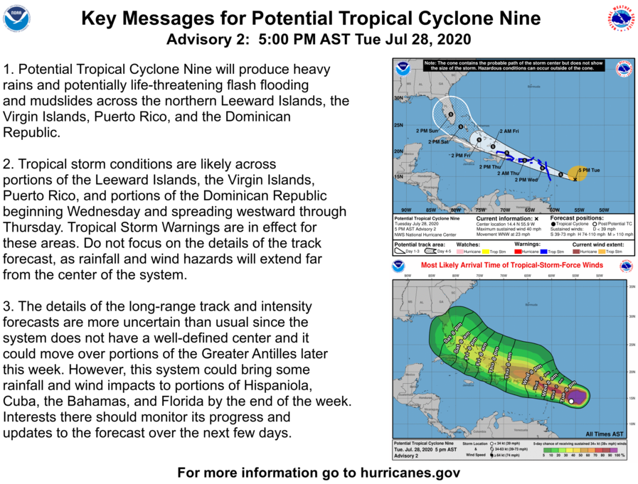 NWS's tweet photo. Potential Tropical Cyclone Nine is expected to become a Tropical Storm tonight prior to reaching the Leeward Islands. Tropical Storm Warnings are in effect for Puerto Rico and the USVI, with heavy rain and tropical-storm-force winds forecast to arrive Wednesday night. https://t.co/73MQSWAFhy
