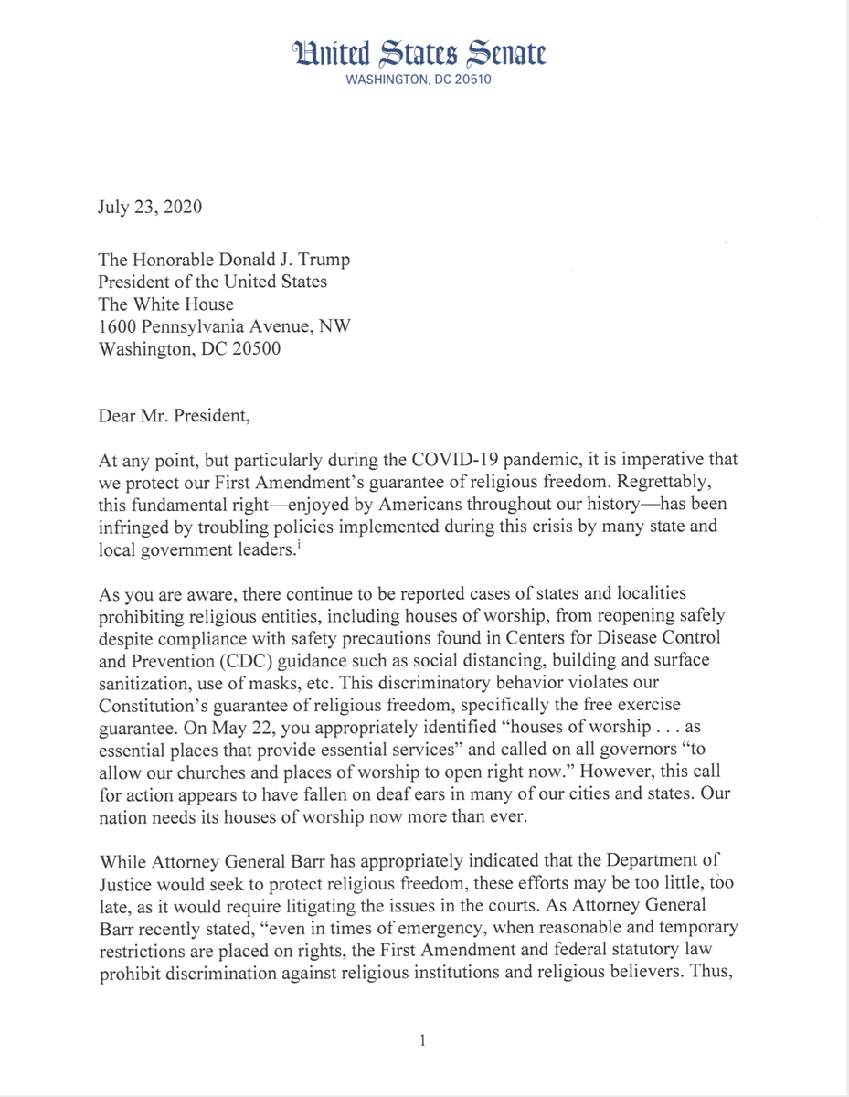 SenatorLankford's tweet photo. There is no pandemic exception to constitutionally protected rights.
 
Yesterday,I joined my colleagues in asking @realDonaldTrump to take additional measures to ensure houses of worship can safely reopen w/ appropriate guidelines like theaters &amp; casinos. Read the letter below👇 https://t.co/iRgjNckVuD